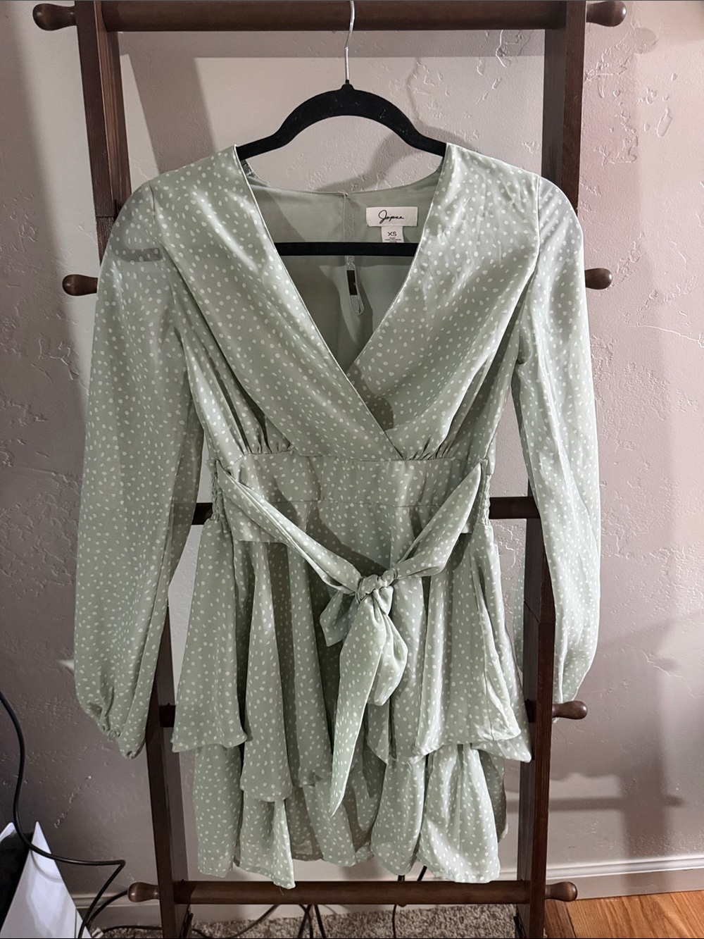 J.O.A. Sage Green Polka Dot Wrap-Style Dress Romantic Cottagecore Size XS
